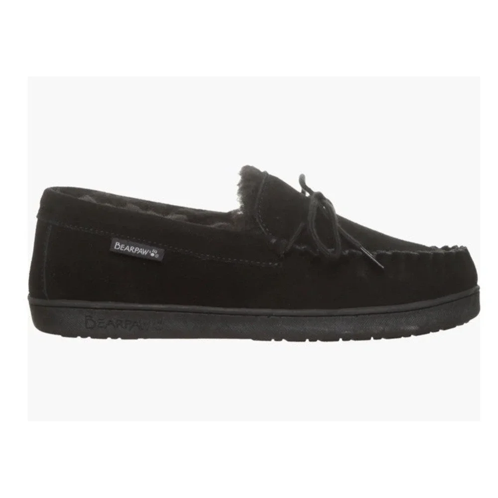 New BEARPAW Wyden II 2200 Mens Moc Toe Black Slip‎ On Slipper Shearling Lined 11